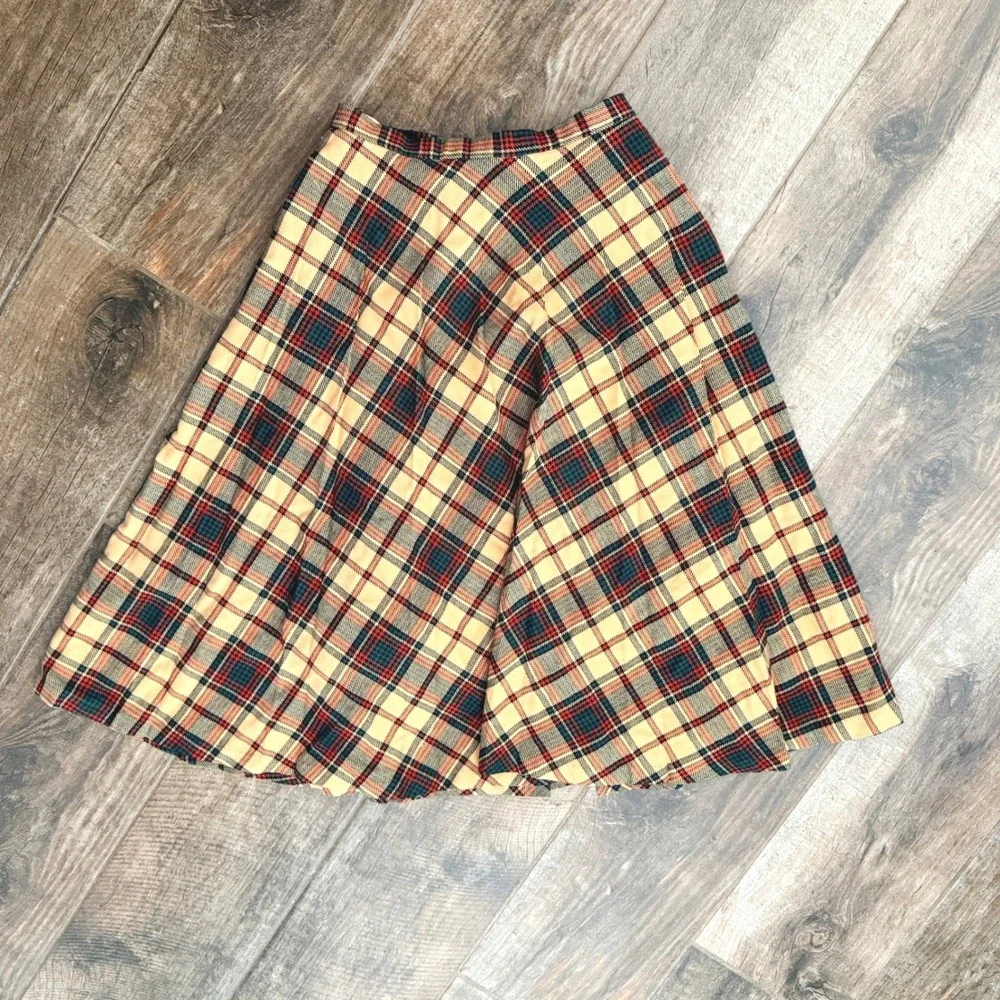 Martinique Vintage Tartan Plaid Pleated Wool Blend Midi Skirt,Green Red Tan,14